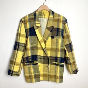 Vintage 80s 90s Plaid Silk Linen Blazer Large Yellow Colorful Luxury Dopamine